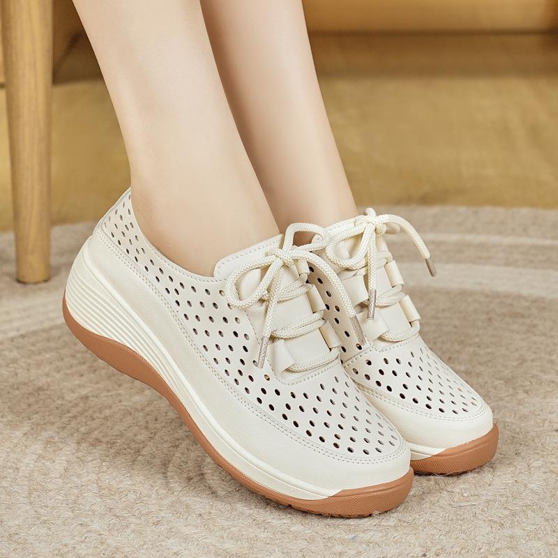 Summer Hollow Rocking Shoes In Mother Soft Surface Small Leather Shoes Non-slip Soft Sole Wedge Heel Mesh Shoes