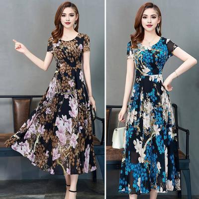 Summer Women Dress Floral Print A-line Big Hem High Waist Short Sleeves Round Neck Pleated Mid-calf Length Formal Party Commute Midi Dress
