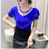 New Chic Summer Elegant Women T-Shirt Clothes Sexy Luxury Shiny Diamonds Tops Short Sleeved Ruffles Mesh Tees Blusas