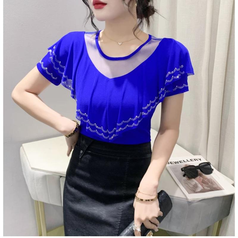 New Chic Summer Elegant Women T-Shirt Clothes Sexy Luxury Shiny Diamonds Tops Short Sleeved Ruffles Mesh Tees Blusas