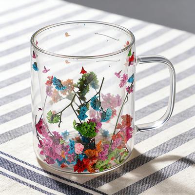 Double Wall Glass Coffee Mug with Handle Colorful Petal Design Tumbler Creative Insulated Cup for Hot Cold Beverages Cappuccino Latte Espresso