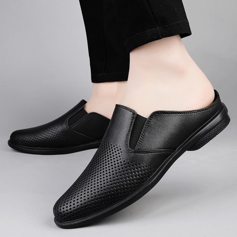Mules Men Half Shoes For Man Slippers Leather Mens Semi-Drag Casual Shoes Backless Loafers Male Slides Flats Closed Toe Sandals