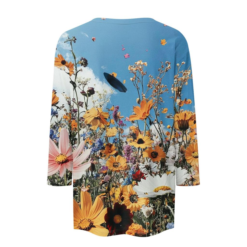 Women's Fashion Casual Three-quarter Sleeve Floral Print Round Neck Top