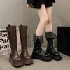 Two Wear Platform Knight Boots Women's 2025 Autumn and Winter New Brown But Knee Boots Thick Heel Thin Folded Martin Boots