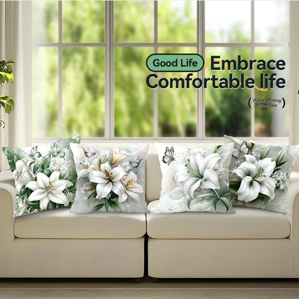 4pcs/set Lilies and Butterflies Cushions Pillowcase Polyester Cushion Cover Throw Pillow Pillowcover Home Car Sofa Decor
