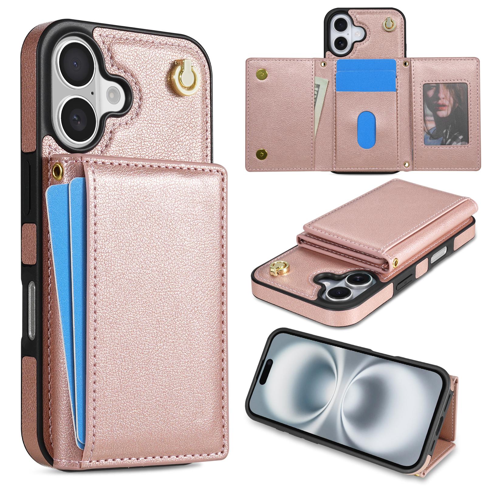 

BKS-003 Чехол для iPhone 16 Plus с трехскладным держателем для карт, подставкой, задней крышкой из ТПУ+кожи и плечевым ремнем C