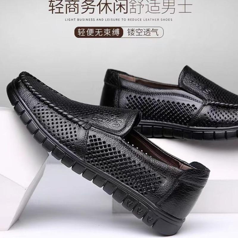 Summer Men Loafers High Quality Cowhide Leather Shoe Breathable Hollow Out Sandals Mesh Casual Driving Shoes Men's Slip-on Flats