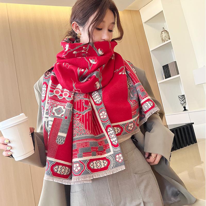 Light Luxury Imitation Cashmere Scarf for Women Elegant Palace Peach Blossom Plus Velvet Scarf Warm and Fashionable Double Sided Shawl
