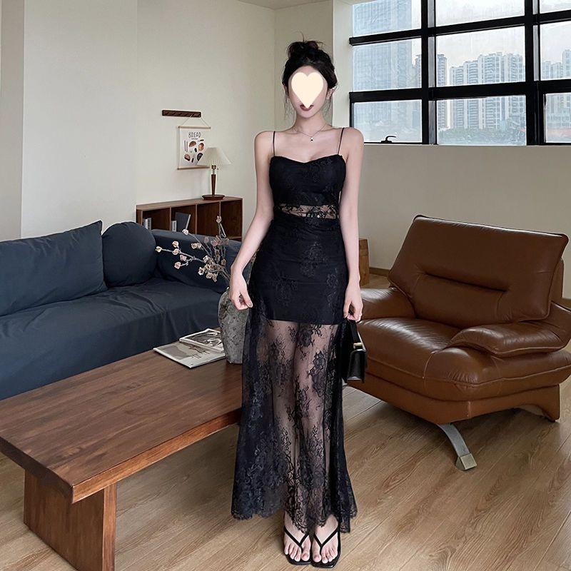 Black lace pure desire sexy slightly transparent double-layer splicing suspender dress femininity retro spice hip-wrapped long dress