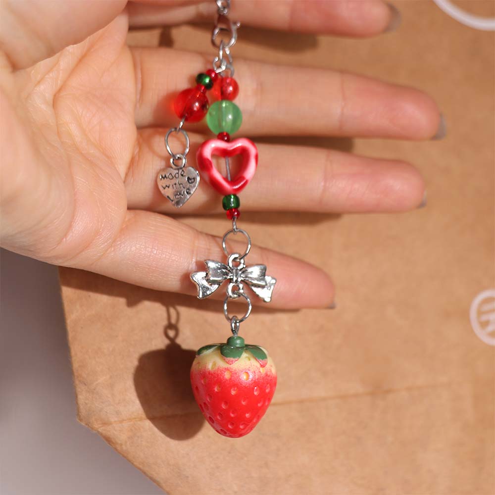 Acrylic Strawberry Beads Phone Chain Bag Hanging Car Keyring Strawberry Keychain Pendant  Gifts