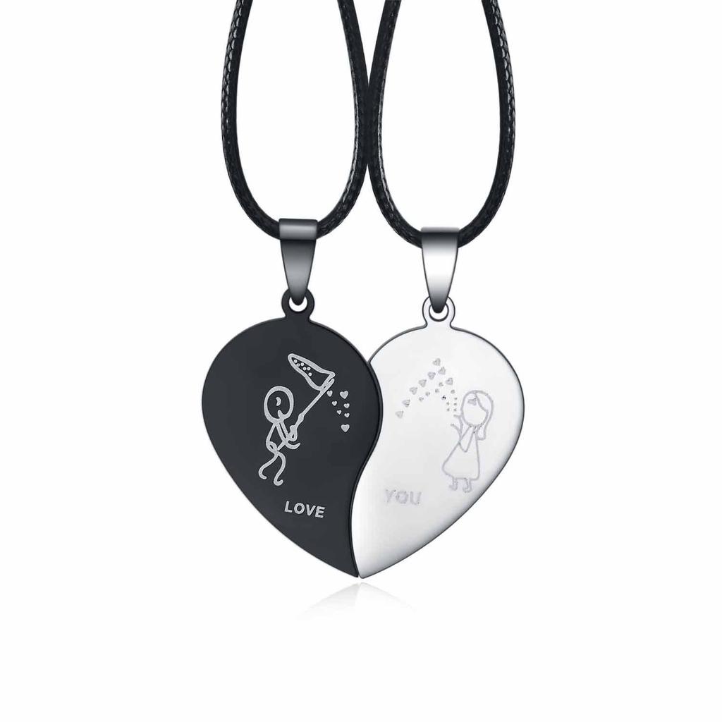 Black & White Heart Titanium Steel Pendant Necklace for Couples (Pair)