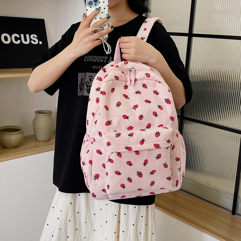 Manšestrový batoh s jahodami, ležérní cestovní batoh, velká kapacita, módní batoh pro teenagery, nastavitelný popruh pro cestování v přírodě