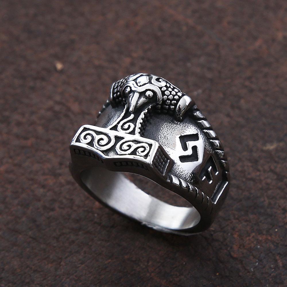 Norse Mythology Viking Thor's Hammer Ring Men Retro Stainless Steel Odin Celtics Knot Ring Biker Amulet Viking Jewelry