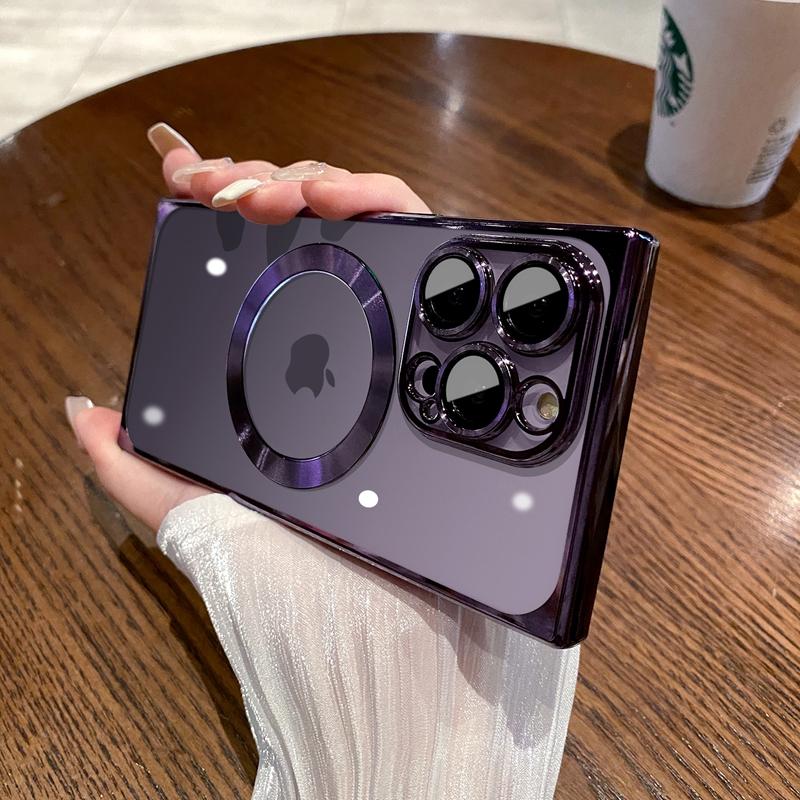 Luxury Magsafe Wireless Charging Square Phone Case For iPhone 11 12 13 14 15 Pro Max Plus Transparent Magnetic Bumper Cover