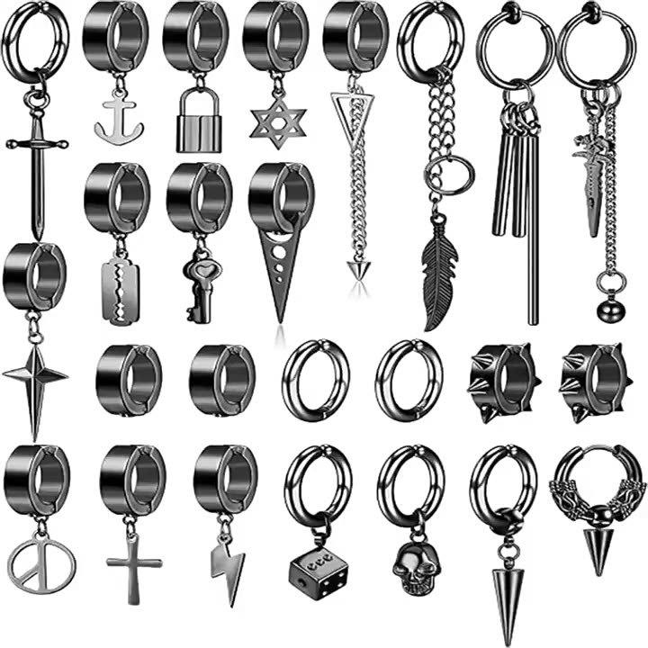 

Мужской набор из 25 предметов сережек из нержавеющей стали черного цвета с крестами и цепочками