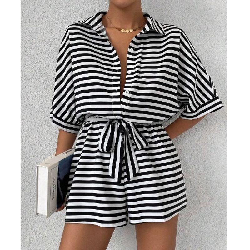European and American Summer New Lapel Single-Breasted Stripe Print Loose Short Sleeve Wide Leg Jumpsuit Shorts Jumpsuit