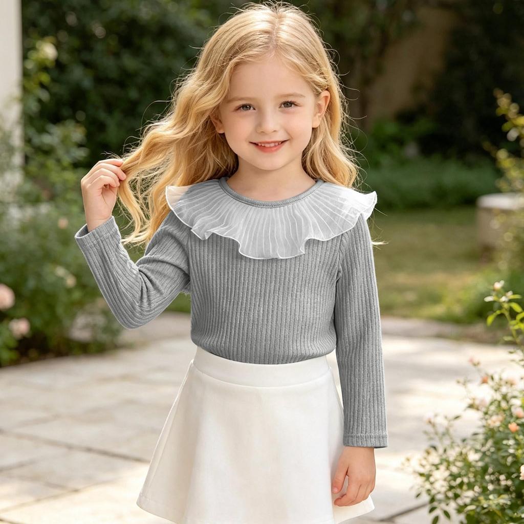 Girls' Knit Long Sleeve Layering Top with Doll Collar and Ruffle Trim, Color