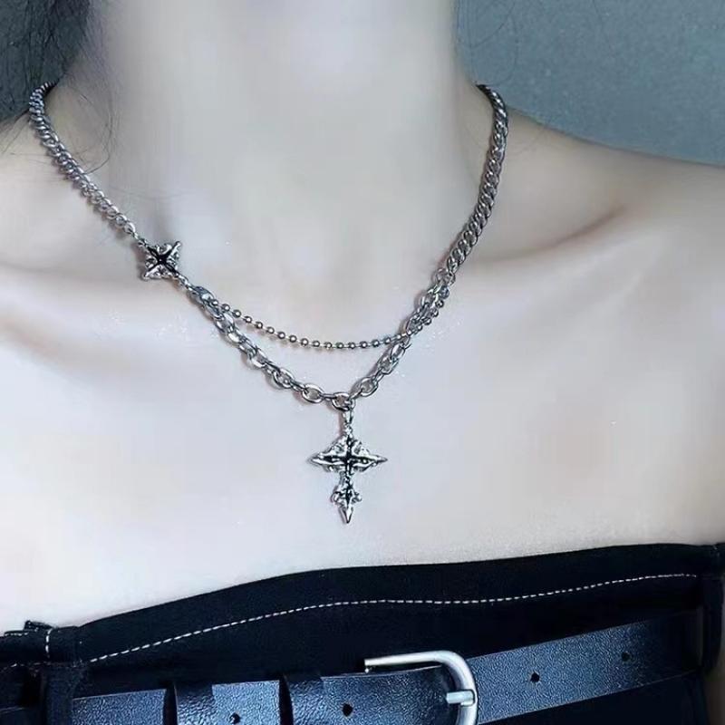 Hiphop Punk Long Chain Cross Necklace for Women Men Punk Double Layer Splicing Chain Necklace Charm Trend Neck Jewelry Halloween