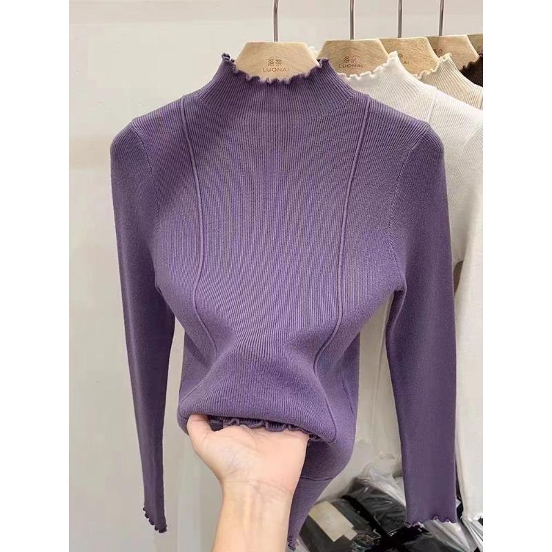 Wood ear edge knitted sweater women's solid color sweater autumn and winter new high-end slim-fit semi-turtleneck bottoming shirt