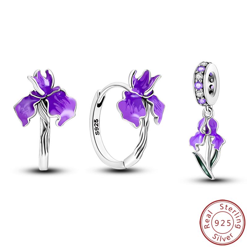 925 Silver Purple Iris Flower Rings Earrings Pendant Jewelry Set for Women Engagement Wedding Jewelry Gifts
