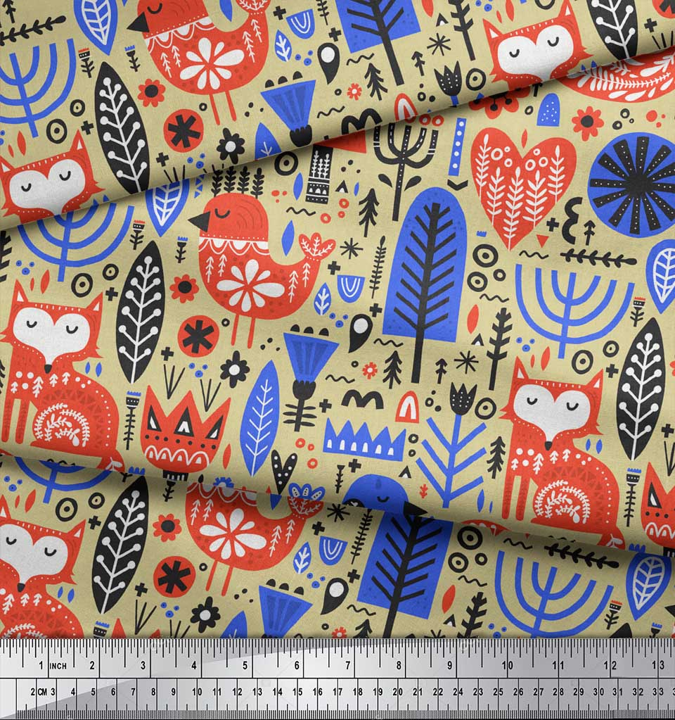 Soimoi Beige Poly Crepe Fabric Tree & Fox Folk Art Fabric Prints By Metre 42 Inch