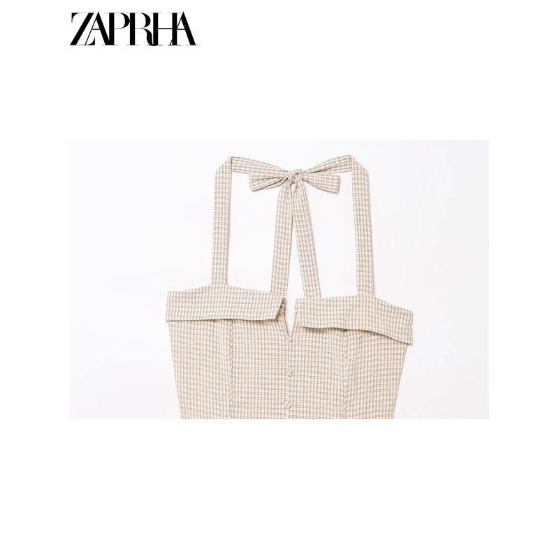 Zaprha 2025 New Arrival French Sweet First Date Silm Cotton Hanging Collar Gingham Short Dress 5107303