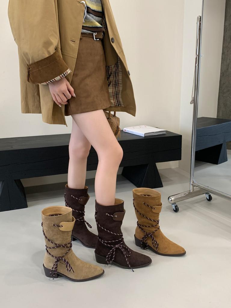 Retro thick heel brown suede medium tube stacking boots women's 2025 new thin boots spring and autumn single boots western short boots