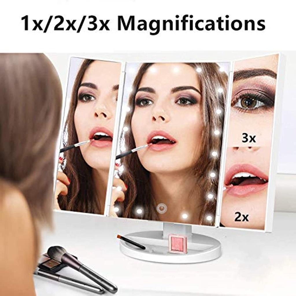 Makeup Mirror With LED, 1x Magnification Triptych Makeup Mirror, 2X, 3X, Cosmetic Mirror 21 Led Lighting Touch Screen, 180 ° Adjustable (White)