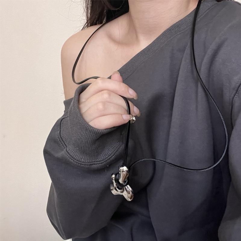 Elegant Handmade Abstract Hollow Pendant Choker Adjustable PU Leather Chain Necklace Trendy Accessory for Ladies