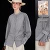 Wudao Women's Striped Stand Collar Flare Sleeve Cotton Blouse
