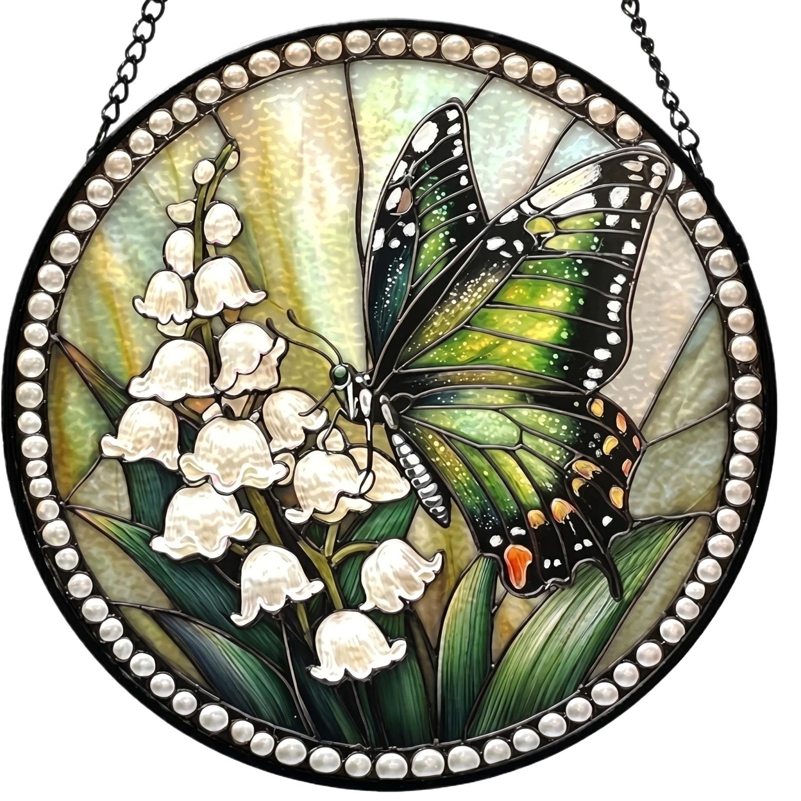 

Stained Glass Window Hanging Panel with Butterfly and Lily of the Valley Art Glass Suncatcher for Home Decoration Festival Ornament Gift One Size