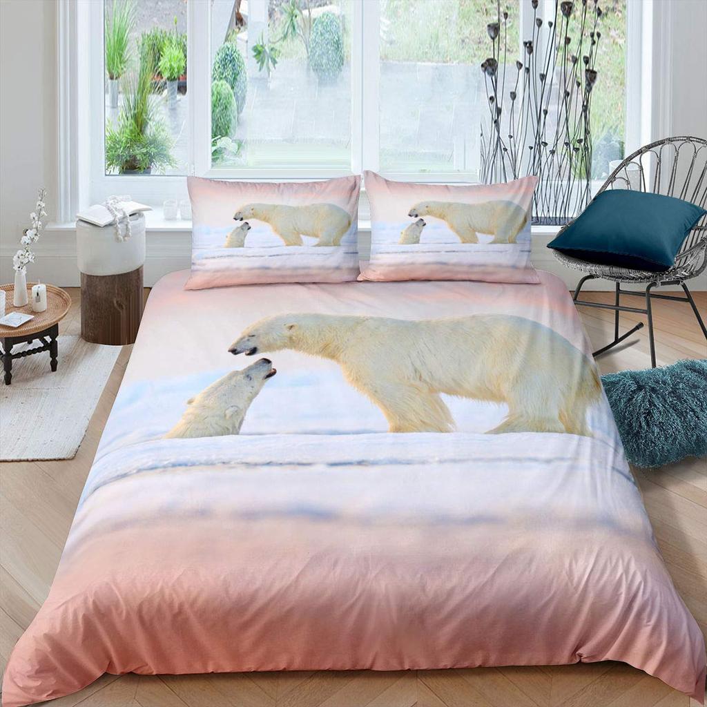 Bear Pattern Bedding Set Polar Bear Duvet Cover for Child Adult,White Bear Snow Mountain Sunset Soft Microfiber Comforter Cover