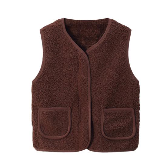 Barn Fleece Vest Ermløs Jakke Ensfarget V-hals Glidelåsvest med Lommer Varm Vinter Plysjvest for Gutter Jenter