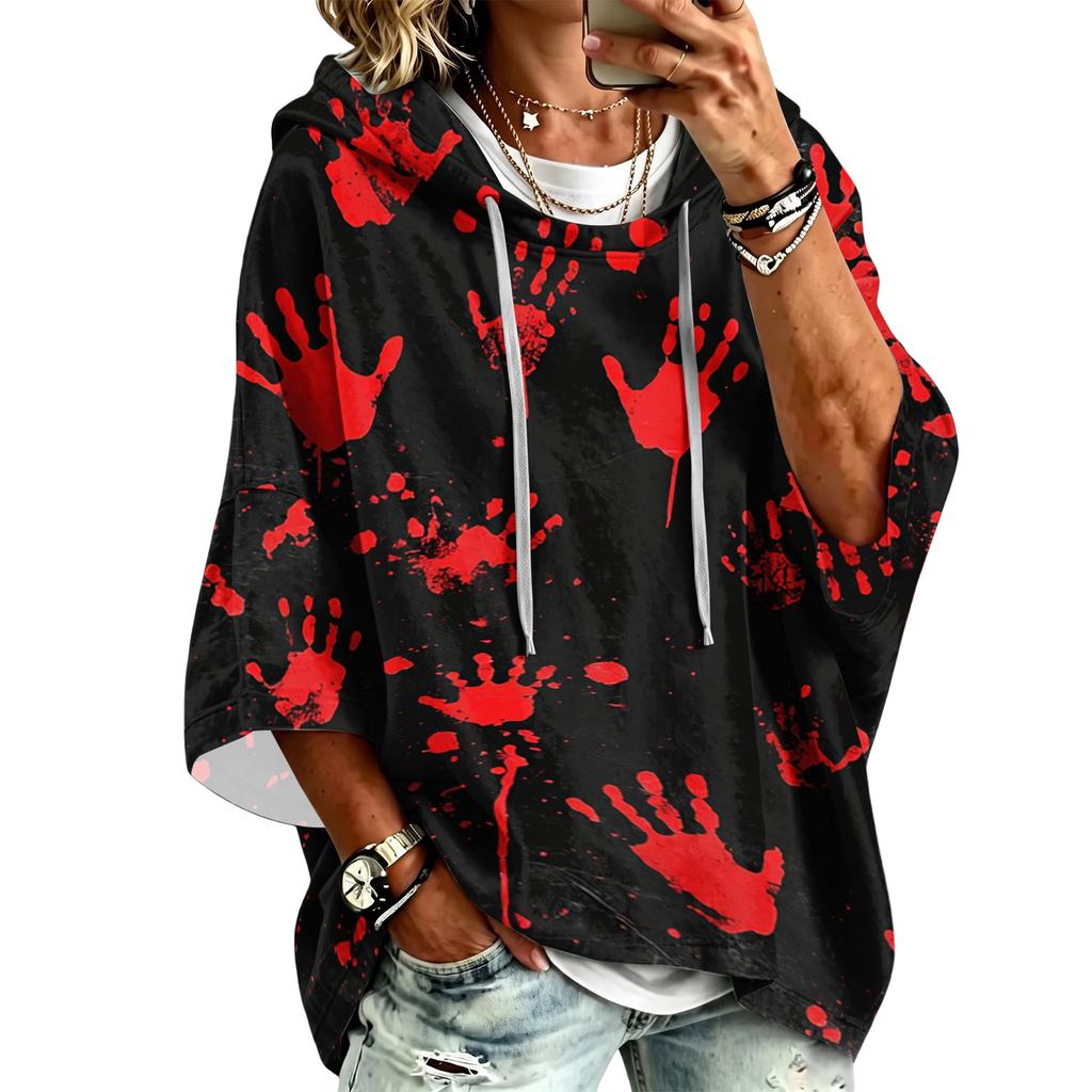 Women's Halloween Printed Hoodie 3/4 Sleeve Pullover Casual Tunic for Party