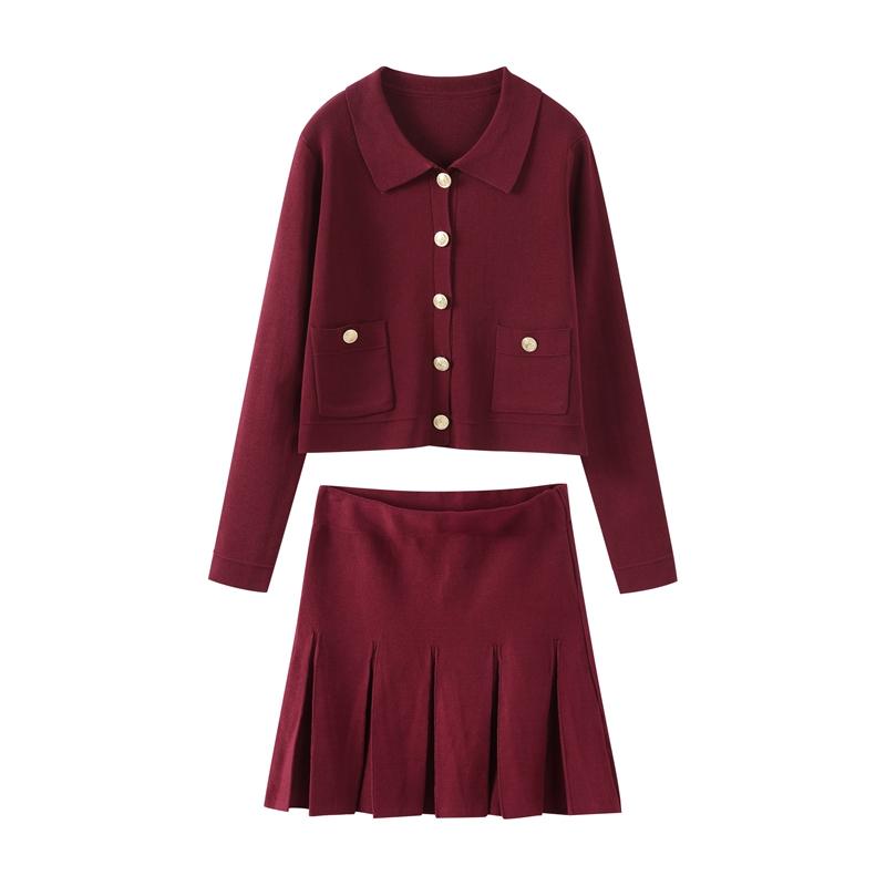 

Трикотажный женский комплект из двух предметов, однобортный кардиган с лацканами, плиссированная А-силуэтная мини-юбка, женские костюмы, весна 2025, женский вязаный костюм S темно-красного