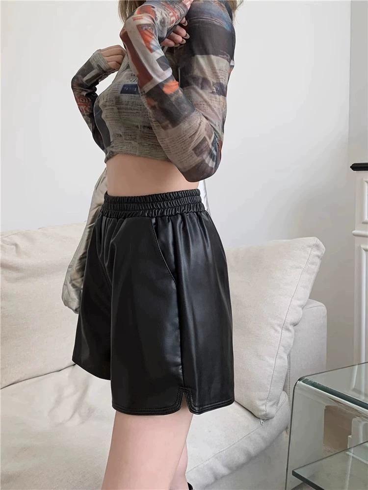 2025 Plus Size Women's High Waist PU Leather A-line Slimming Bootcut Shorts - Autumn/Winter Collection
