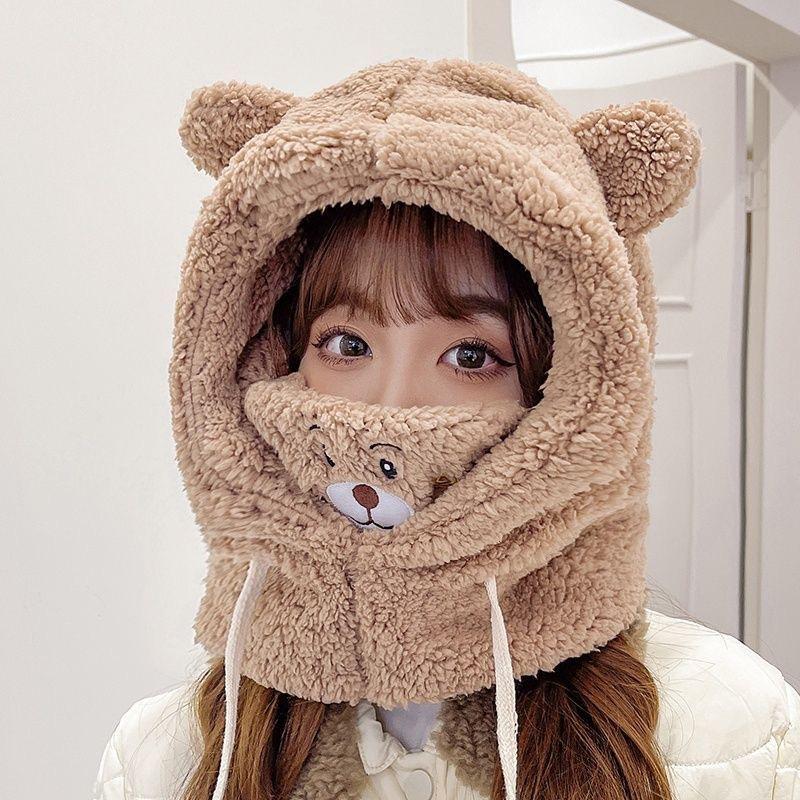 

Зимняя новая милая пушистая шапка с интегрированным капюшоном, утолщенная теплая велосипедная плюшевая шапка, комплект из двух предметов, шарф, защита ушей, женская шапка