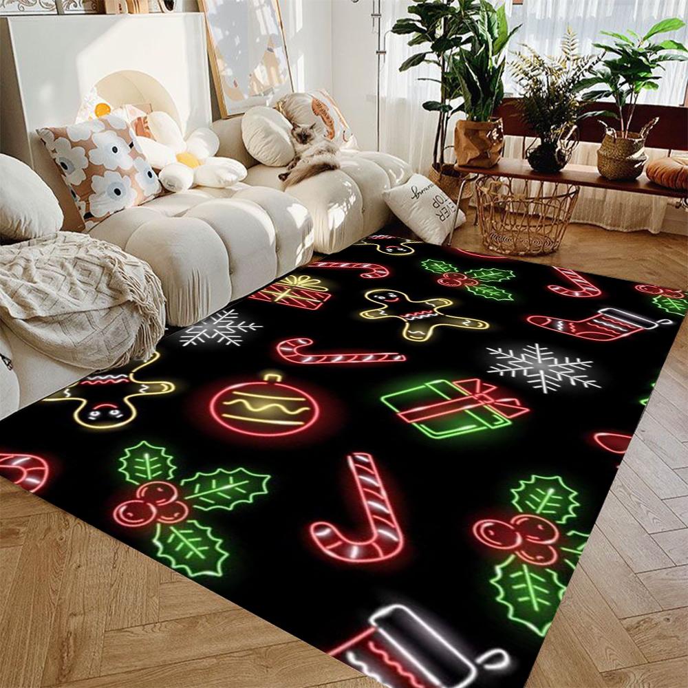 1PC Neon Lights Christmas Patterns Carpets Gingerbread People Candies Snowflakes Carpets Festive Atmosphere Home Decor