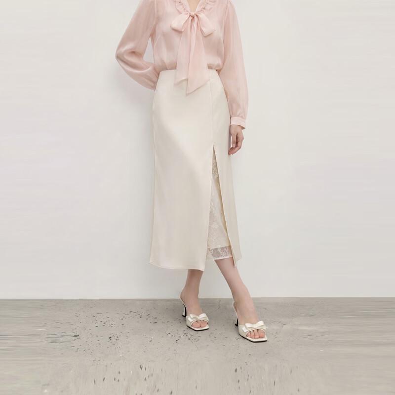 Qiushuiyiren Women s 2026 Summer Lace Side-Slit Satin Midi Skirt XL