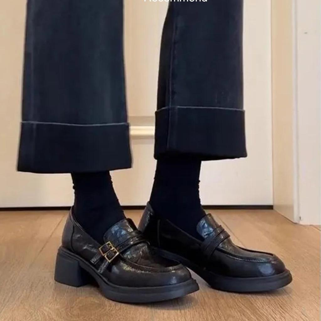 Platform loafers women's British style spring and autumn one-pedal thick heel single shoes retro small leather shoes