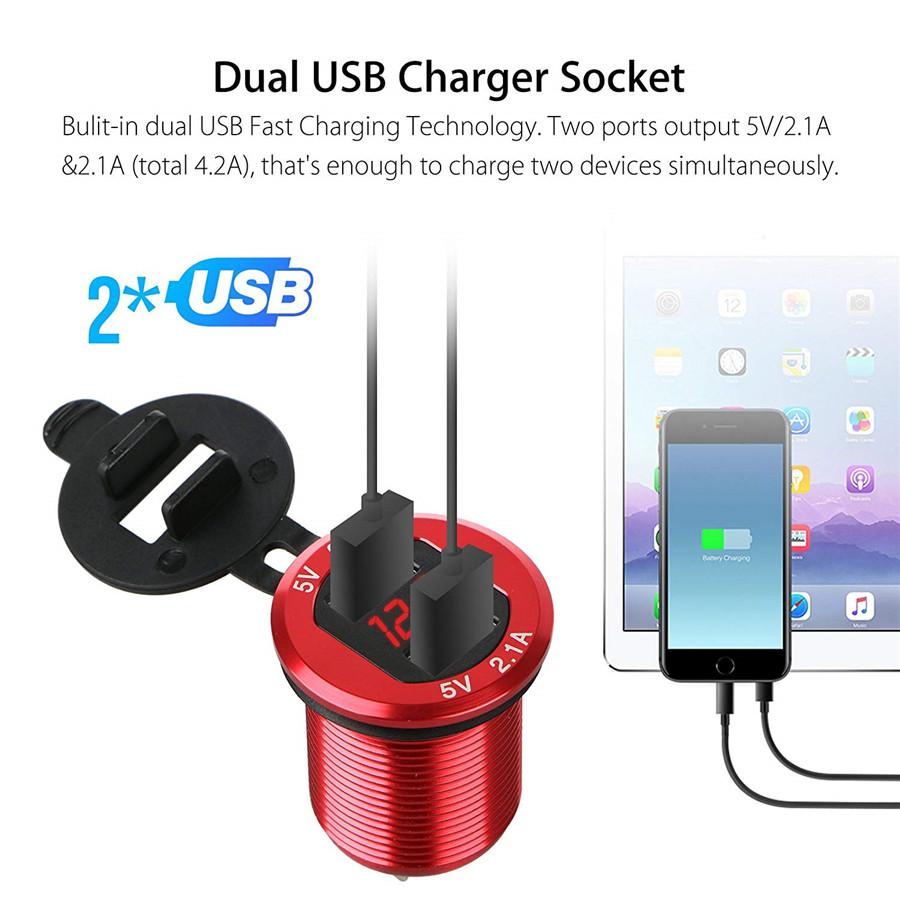 Dual Port USB Car Cigarette Lighter Charger Socket w/ Red LED Digital Voltmeter