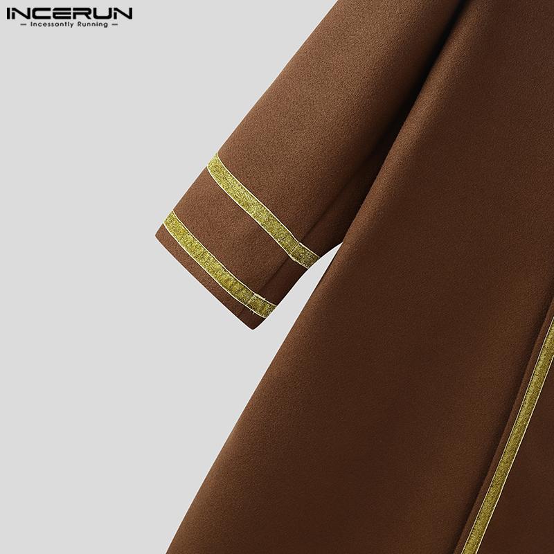 INCERUN Winter Men Lapel Neck Long Sleeve Stitching Open Front Long Woolen Cardigan Coats