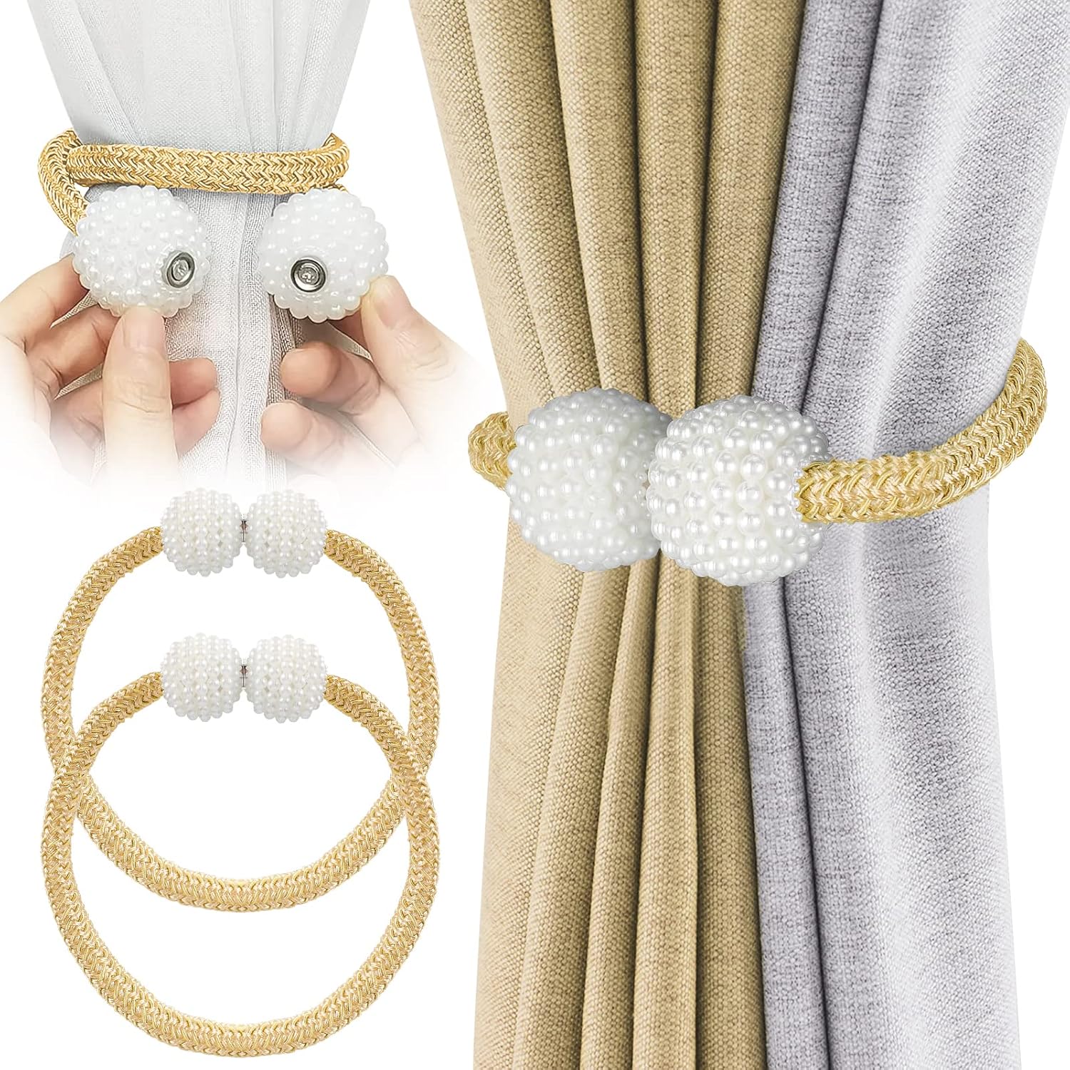 

2/4pcs Pearl Magnetic Curtain Tiebacks Curtain Tiebacks Buckles Holdbacks Holders Hooks Clip for Home Bedroom Office Decorative