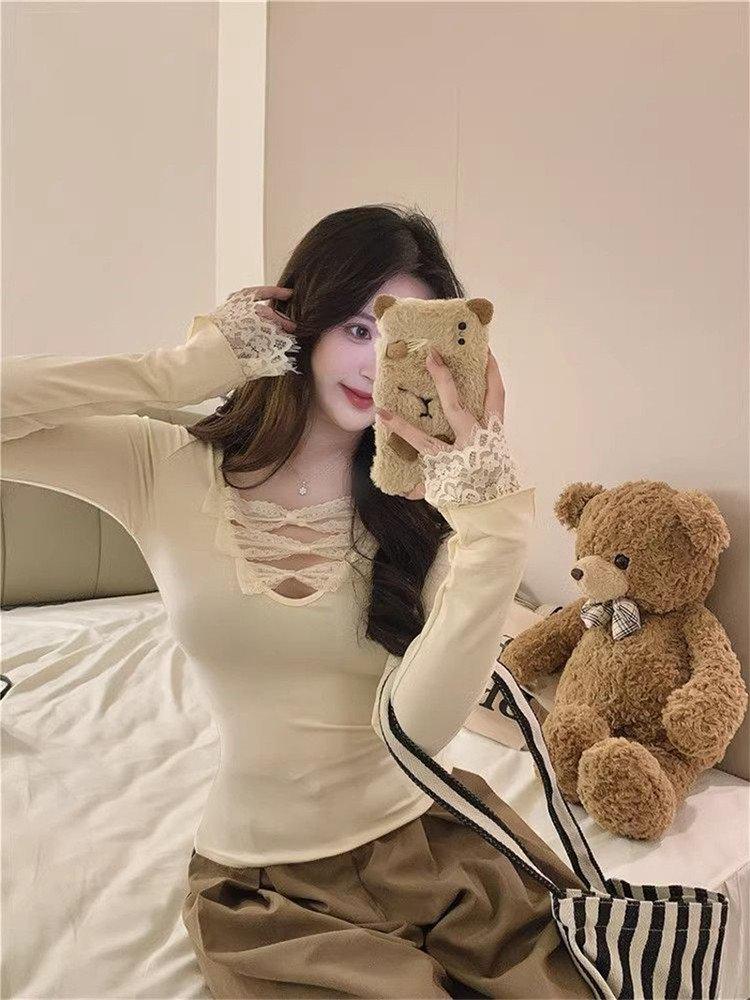 Lace Patchwork V-Neck Slim Fit Long Sleeve French Style Women's Top