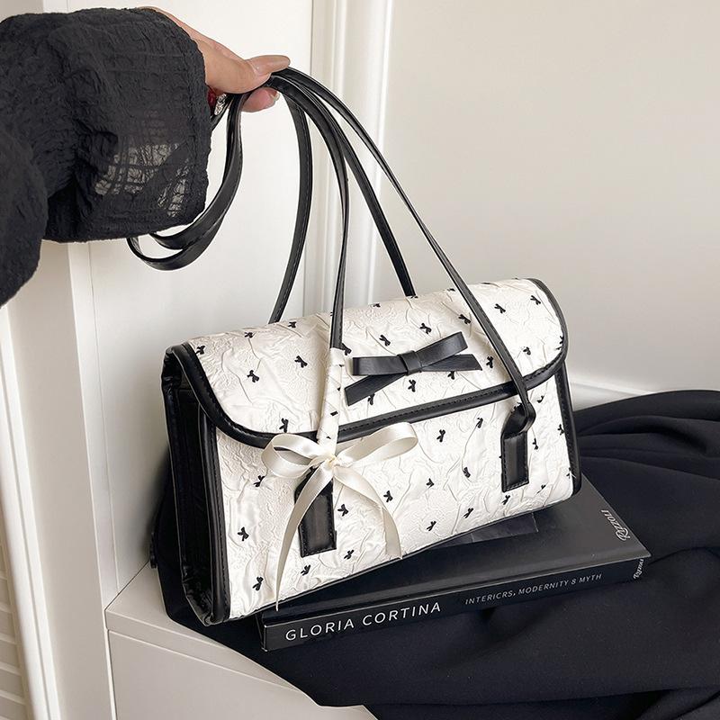 Black pink contrasting color bow small bag women's 2025 summer new shoulder underarm bag fashionable and sweet hand bag