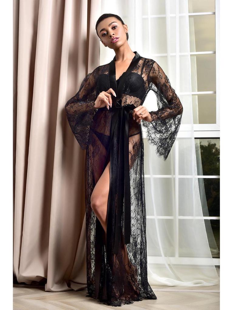 European & American New Sexy Women's Mesh See-Through Long Lingerie Robe Set