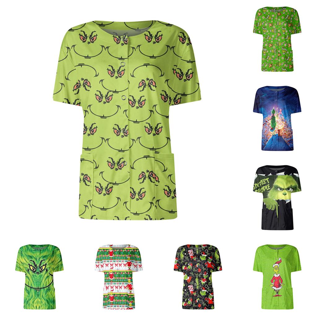 Women's Short Sleeved Patterned Pockets, Work Print Stand Up Collar, Single Breasted Protective Clothing, Cardigan Jacket, Top