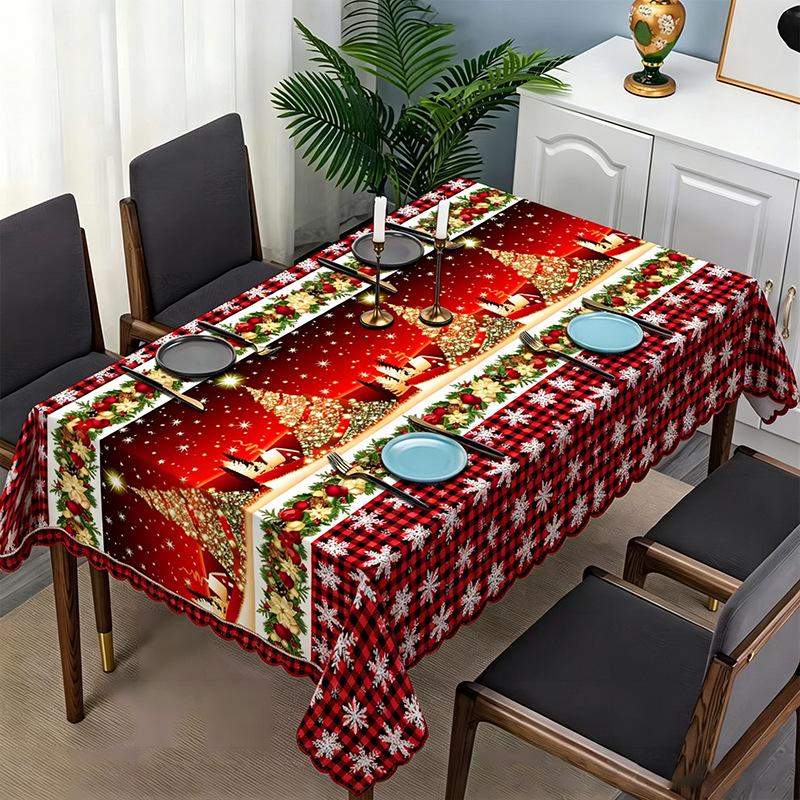 Tablecloth with Embossed Edges , Featuring a Merry Christmas Theme for Parties, Adorned with a Buffalo Check Bow, Poinsettias, Christmas Trees
