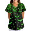 Women's Halloween Print Loose Fit V Neck Short Sleeve Nurse Scrub Top with Pockets Casual Medical Uniform Shirt