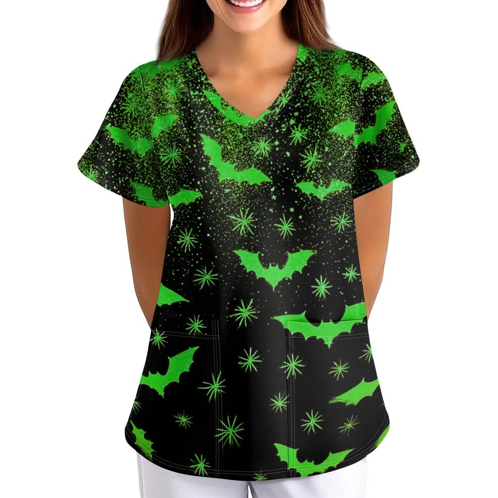 Women's Halloween Print Loose Fit V Neck Short Sleeve Nurse Scrub Top with Pockets Casual Medical Uniform Shirt